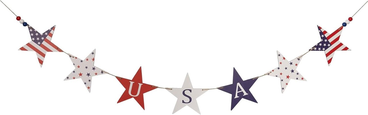 Wooden 4th Of July Banner Decor, Wood Patriotic Red White And Blue Star Garland